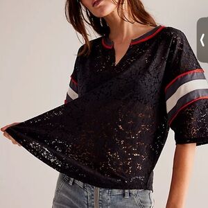 Free People We The Free - Gaming Tee Small Black Lace Top with Striped Sleeves